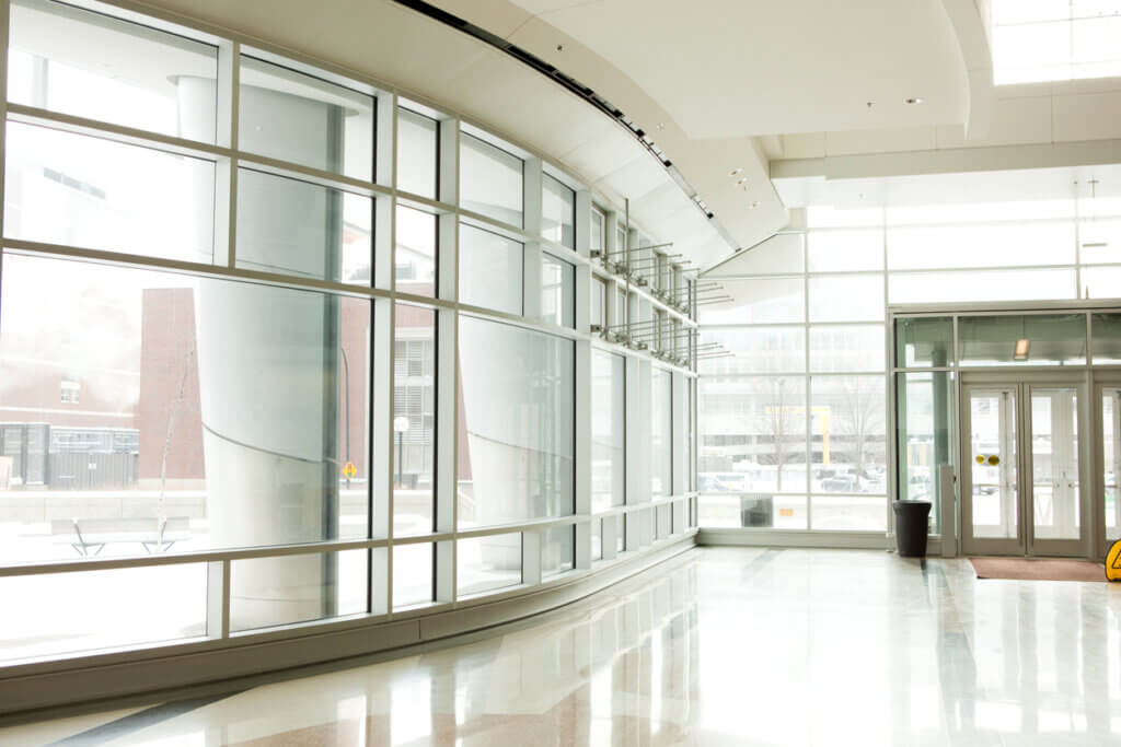 Office interior with glass windows and doors